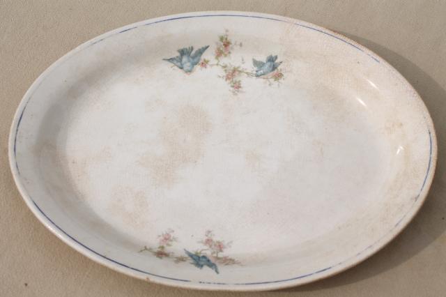 photo of antique vintage bluebird china dishes, shabby chic serving platters or trays #5