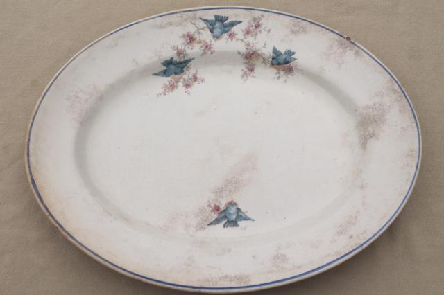 photo of antique vintage bluebird china dishes, shabby chic serving platters or trays #4