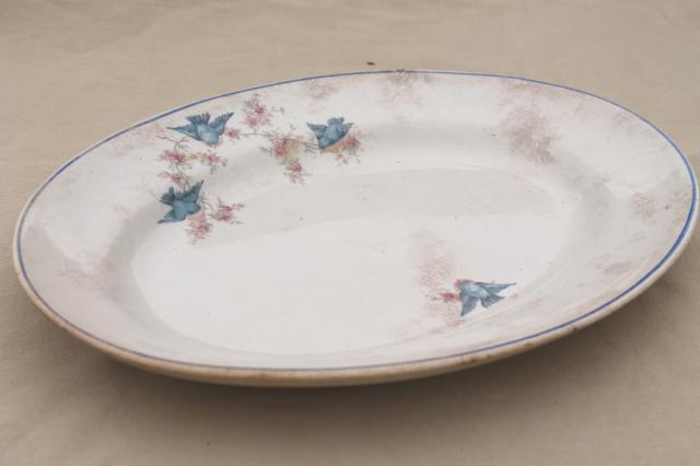 photo of antique vintage bluebird china dishes, shabby chic serving platters or trays #6