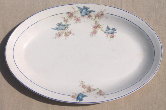 photo of antique vintage bluebird china dishes, shabby chic serving platters & plates #3