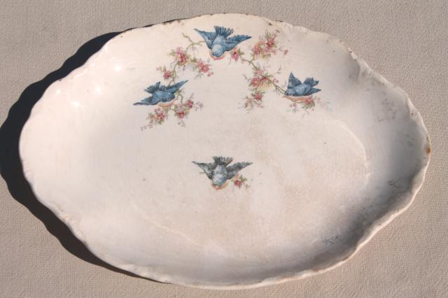 photo of antique vintage bluebird china dishes, shabby chic serving platters & plates #6