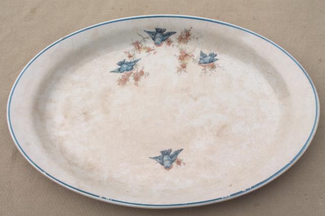 photo of antique vintage bluebird china dishes, shabby chic serving platters & plates #12