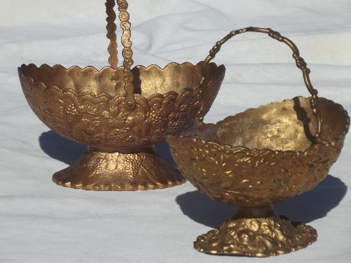 photo of antique vintage bon bon dishes, ornate metal server baskets w/ old gold finish #1