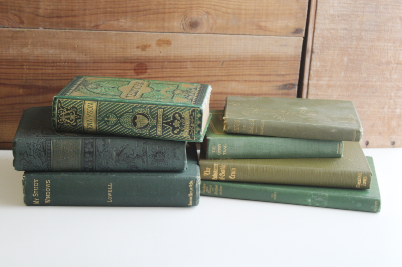 photo of antique vintage books lot, green covers w/ ornate gold, wonderful titles for display #1