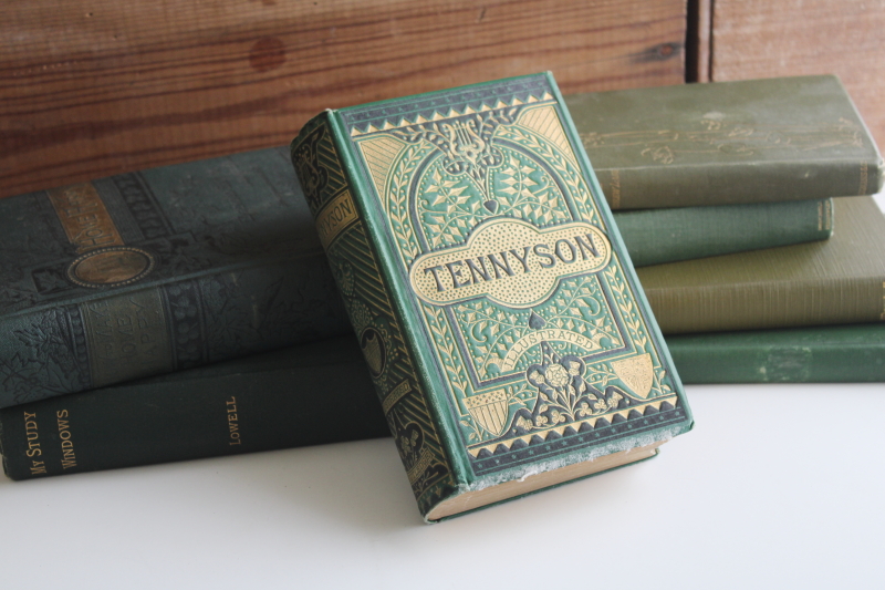 photo of antique vintage books lot, green covers w/ ornate gold, wonderful titles for display #10