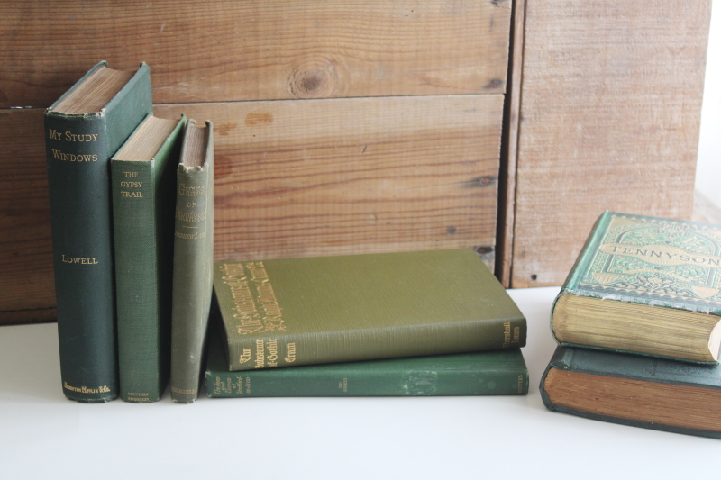 photo of antique vintage books lot, green covers w/ ornate gold, wonderful titles for display #12