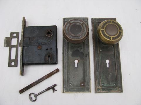 photo of antique vintage brass door knob set complete w/deadbolt lock & key, arts & crafts bungalow #1