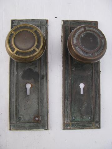 photo of antique vintage brass door knob set complete w/deadbolt lock & key, arts & crafts bungalow #2