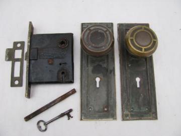 catalog photo of antique vintage brass door knob set complete w/deadbolt lock & key, arts & crafts bungalow