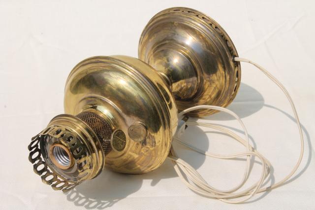 photo of antique vintage brass oil lamp, electrified light w/ old Aladdin #11 burner #6