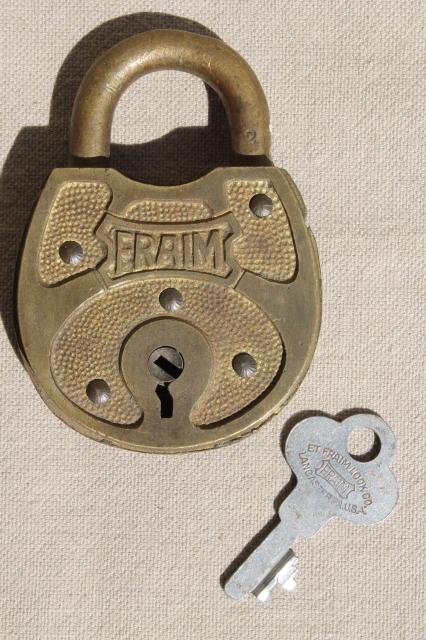 photo of antique vintage brass padlock with original key, old Fraim lock #1