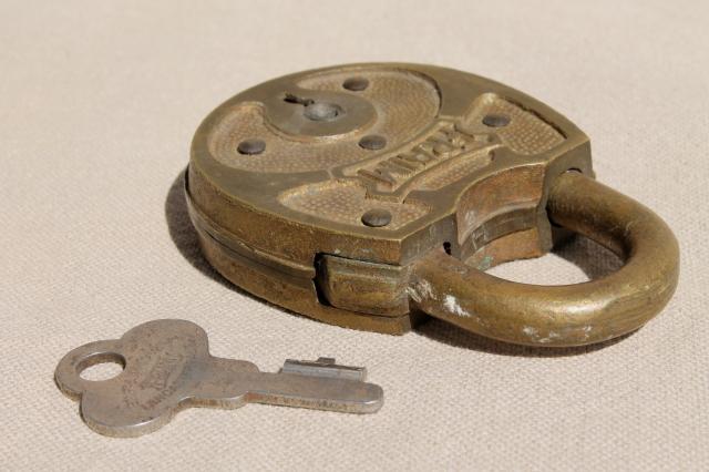 photo of antique vintage brass padlock with original key, old Fraim lock #3