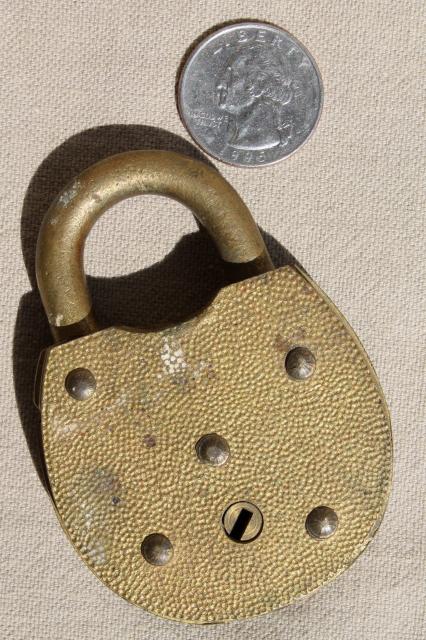 photo of antique vintage brass padlock with original key, old Fraim lock #4