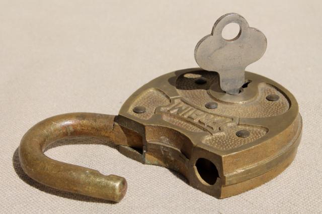 photo of antique vintage brass padlock with original key, old Fraim lock #5