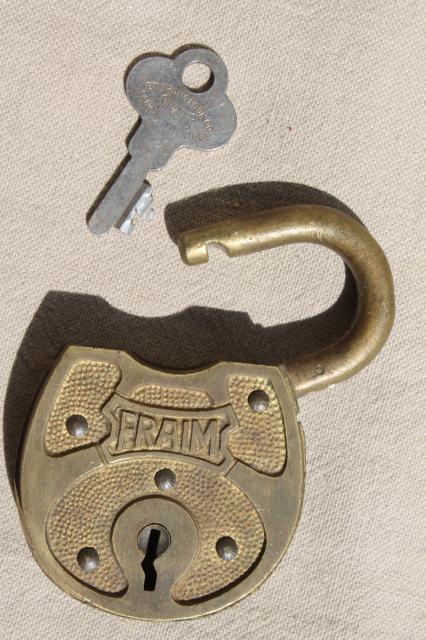 photo of antique vintage brass padlock with original key, old Fraim lock #6