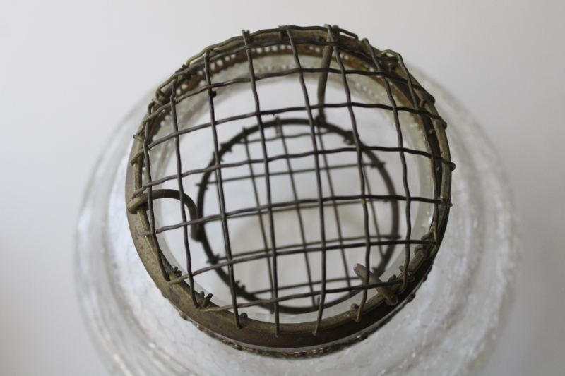 photo of antique vintage brass wire flower frog vase, mushroom shape stem holder, clear crackle glass bowl  #2