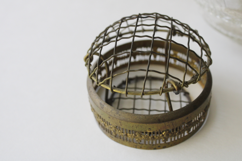 photo of antique vintage brass wire flower frog vase, mushroom shape stem holder, clear crackle glass bowl  #4