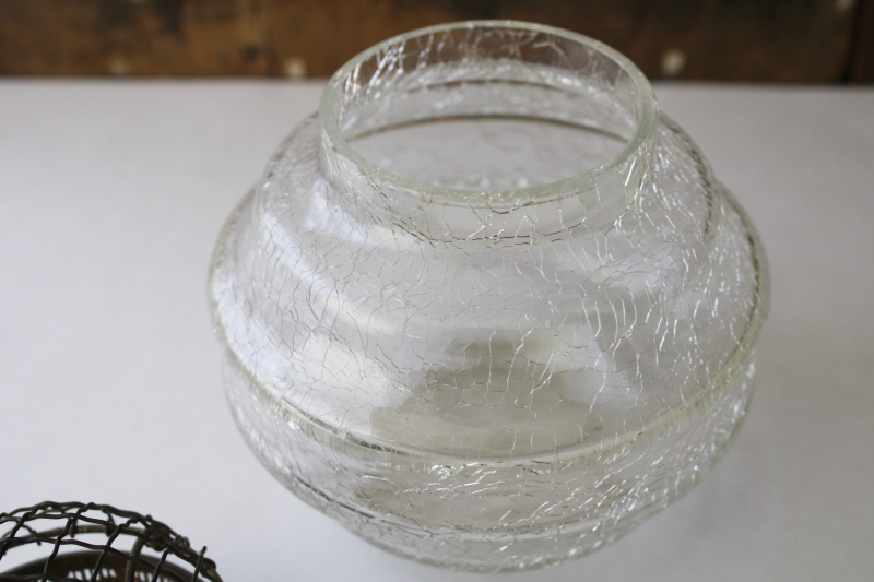 photo of antique vintage brass wire flower frog vase, mushroom shape stem holder, clear crackle glass bowl  #5