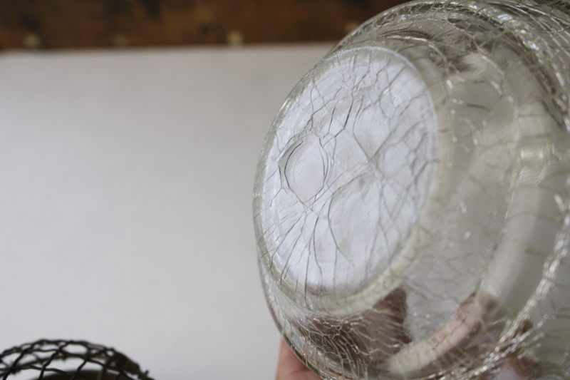 photo of antique vintage brass wire flower frog vase, mushroom shape stem holder, clear crackle glass bowl  #6