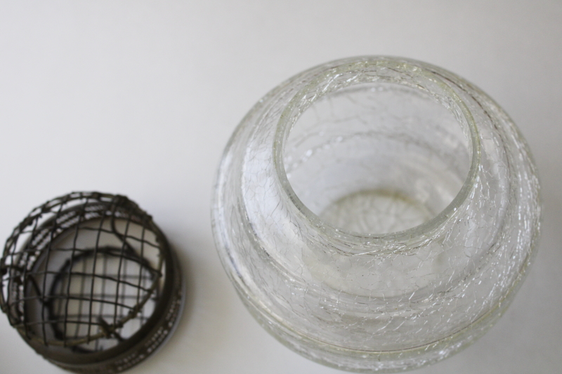photo of antique vintage brass wire flower frog vase, mushroom shape stem holder, clear crackle glass bowl  #7