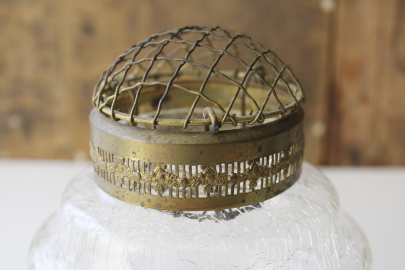 photo of antique vintage brass wire flower frog vase, mushroom shape stem holder, clear crackle glass bowl  #8