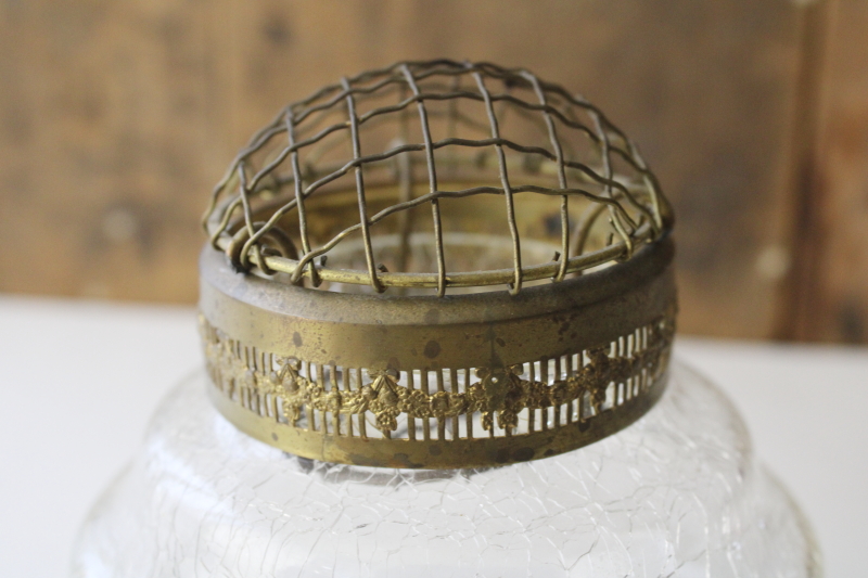 photo of antique vintage brass wire flower frog vase, mushroom shape stem holder, clear crackle glass bowl  #9