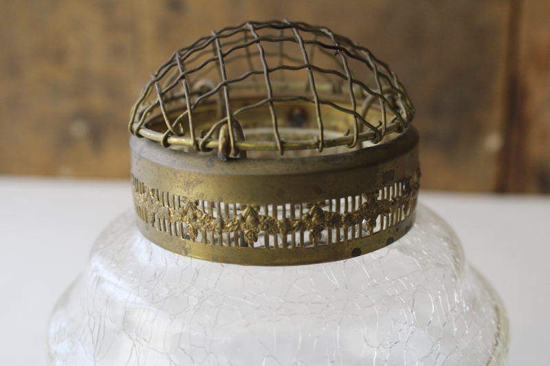 photo of antique vintage brass wire flower frog vase, mushroom shape stem holder, clear crackle glass bowl  #10