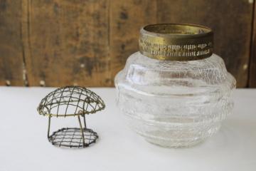 catalog photo of antique vintage brass wire flower frog vase, mushroom shape stem holder, clear crackle glass bowl 