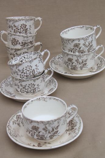 photo of antique vintage brown transferware china cups & saucers, Chelsea pattern English Staffordshire #1