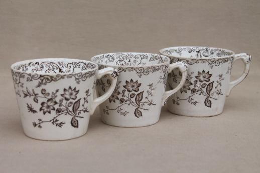 photo of antique vintage brown transferware china cups & saucers, Chelsea pattern English Staffordshire #3