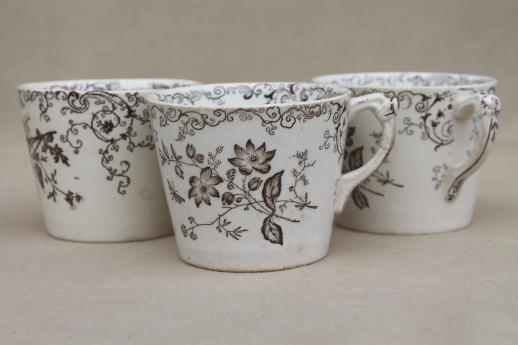 photo of antique vintage brown transferware china cups & saucers, Chelsea pattern English Staffordshire #4