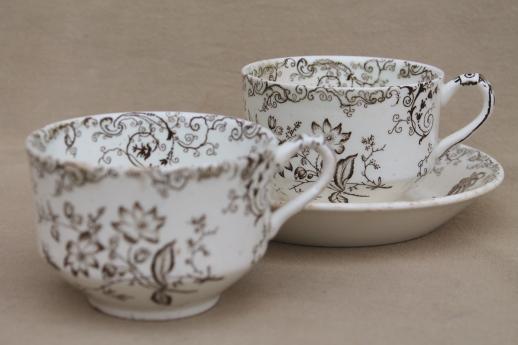 photo of antique vintage brown transferware china cups & saucers, Chelsea pattern English Staffordshire #6