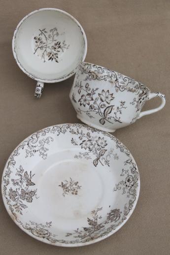 photo of antique vintage brown transferware china cups & saucers, Chelsea pattern English Staffordshire #7