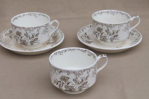 photo of antique vintage brown transferware china cups & saucers, Chelsea pattern English Staffordshire #8