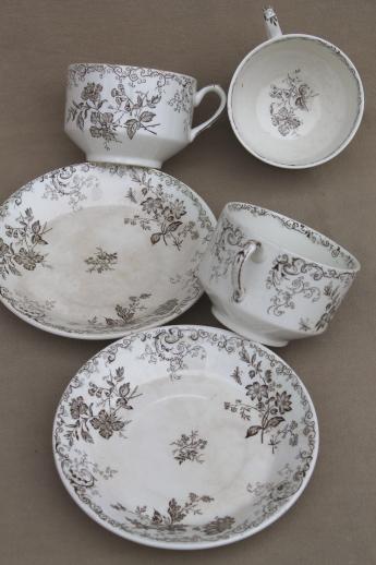 photo of antique vintage brown transferware china cups & saucers, Chelsea pattern English Staffordshire #9