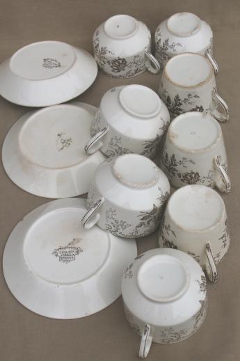 photo of antique vintage brown transferware china cups & saucers, Chelsea pattern English Staffordshire #10