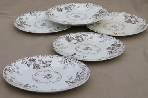 photo of antique vintage brown transferware china plates, Chelsea pattern English Staffordshire #2