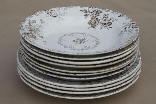 photo of antique vintage brown transferware china plates & bowls, Chelsea pattern English Staffordshire #1