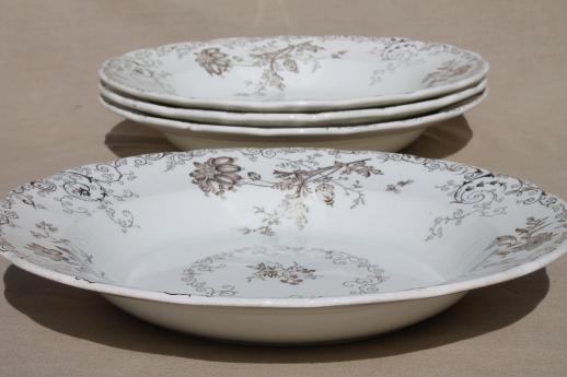 photo of antique vintage brown transferware china plates & bowls, Chelsea pattern English Staffordshire #2