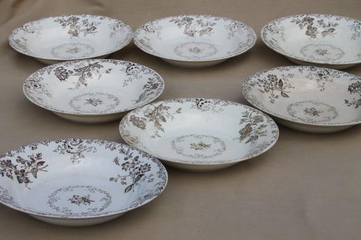 photo of antique vintage brown transferware china plates & bowls, Chelsea pattern English Staffordshire #5