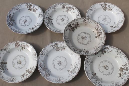 photo of antique vintage brown transferware china plates & bowls, Chelsea pattern English Staffordshire #6