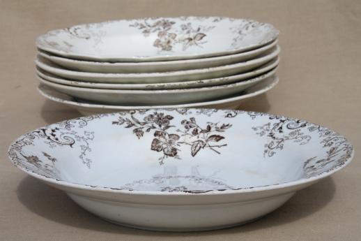 photo of antique vintage brown transferware china plates & bowls, Chelsea pattern English Staffordshire #7