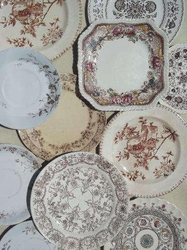 photo of antique & vintage brown transferware china plates lot, lovely old china patterns! #1