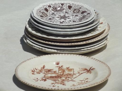 photo of antique & vintage brown transferware china plates lot, lovely old china patterns! #3