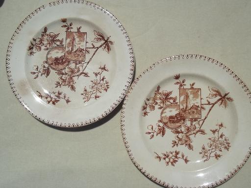 photo of antique & vintage brown transferware china plates lot, lovely old china patterns! #4