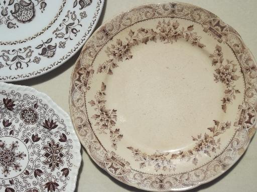 photo of antique & vintage brown transferware china plates lot, lovely old china patterns! #9