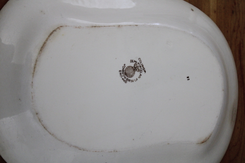 photo of antique vintage brown transferware, stained white ironstone china platters, Columbia pattern England #11