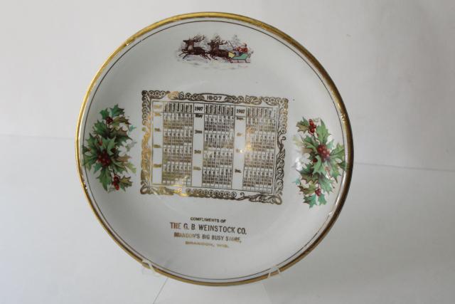 photo of antique vintage calendar plate, Christmas w/ Santa 1907 Brandon Wisconsin Weinstock store #1