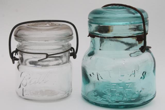 photo of antique vintage canning jars, Ball Ideal Atlas E Z Seal pint and half pints blue & clear glass #1