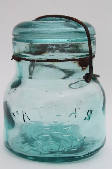 photo of antique vintage canning jars, Ball Ideal Atlas E Z Seal pint and half pints blue & clear glass #2